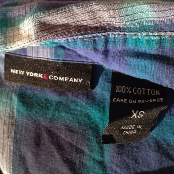 New York & Company XS Blue Green Purple Plaid Top - Picture 3 of 4